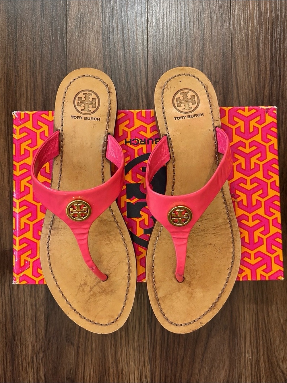 Tory Burch Hot Pink Leather Logo Thong Sandals